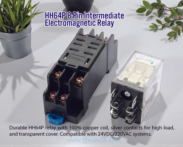 Electromagnetic Intermediate Relay HH64P | 8 Pin Base | 24VDC / 220VAC Compatibility
