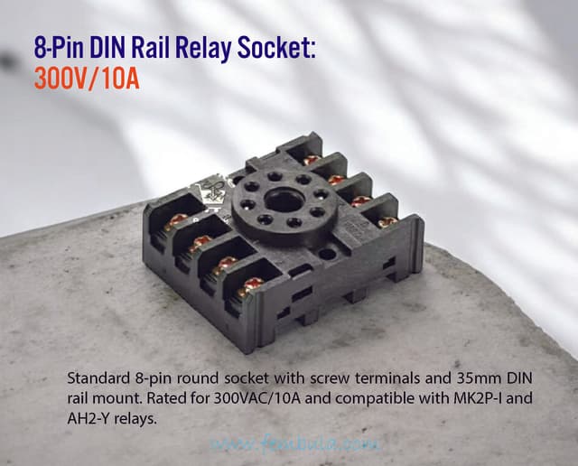 8-Pin Round Relay Socket Base | DIN Rail Mount | 300V/10A | Compatible with MK2P-I, AH2-Y