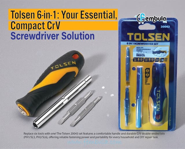 Tolsen 6-in-1 Interchangeable Screwdriver Set | CrV Bits (PH1/SL5, PH2/SL6) | Model 20043